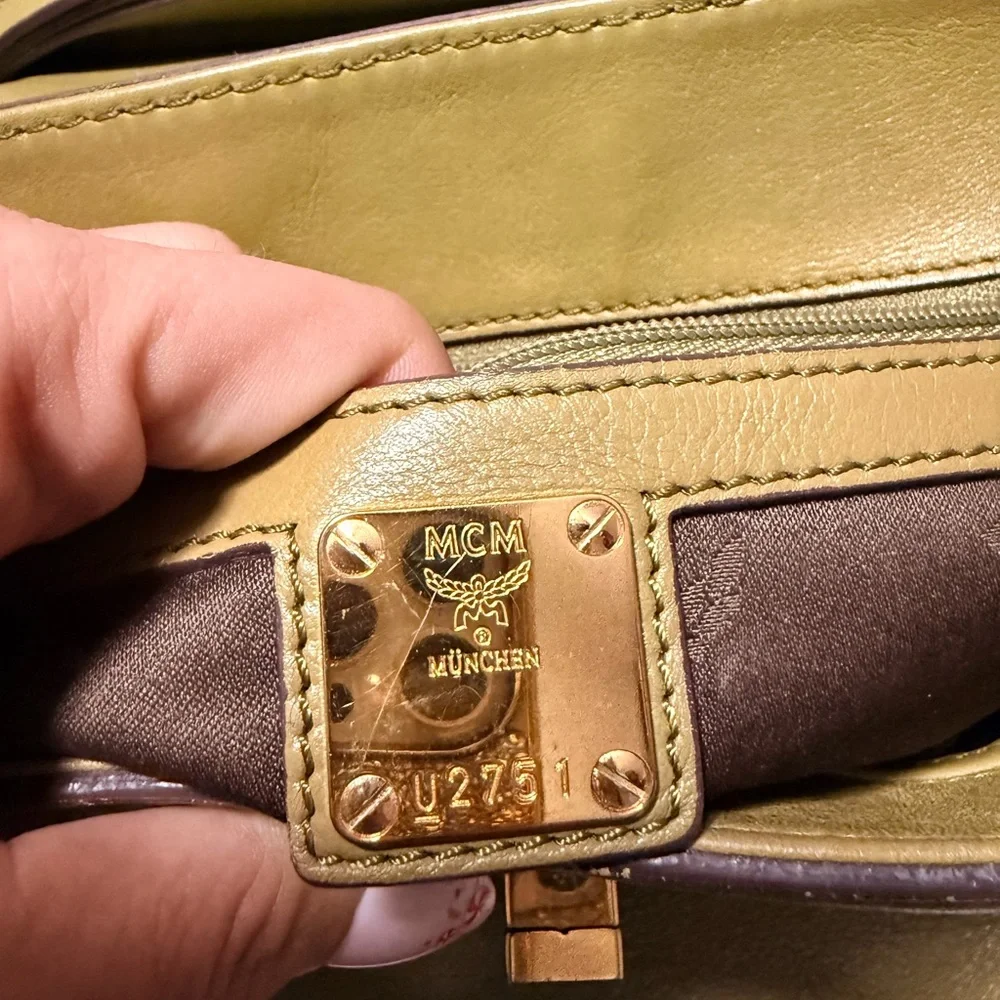 MCM Olive Leather Briefcase with Gold Accents